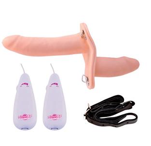 Strap on penis dublu cu vibratii, culoare naturala, 15 cm